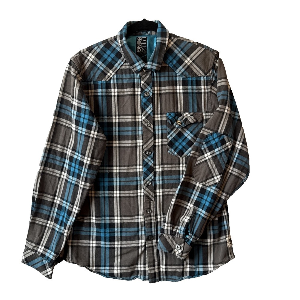 Billabong Long Sleeve Elbow Patch Plaid Flannel Button Up Shirt L‎ Surf Skater
